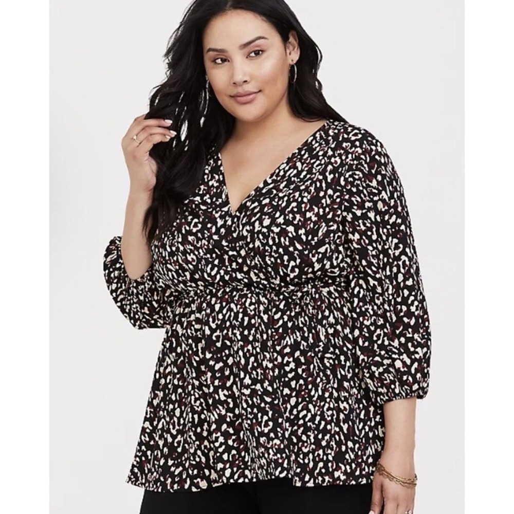 Torrid Women's Black Burgundy Blouse Leopard print Faux Wrap Women's 2X Tunic